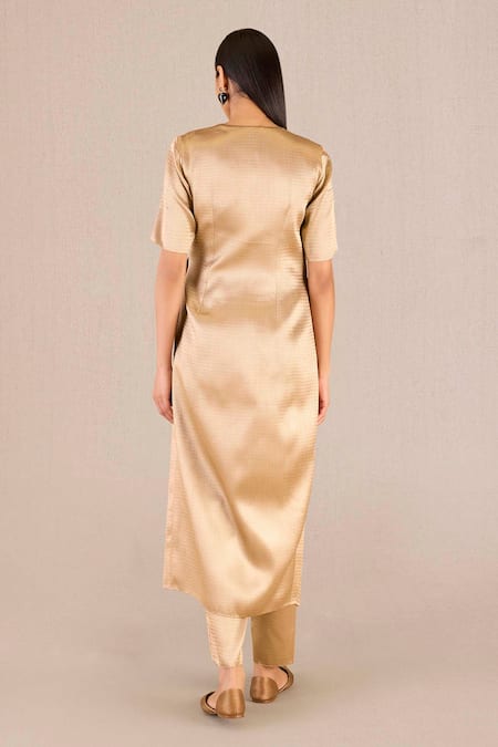 Ampm_Gold Twill V-neck Urvi Tie Up Tunic With Pant _Online_at_Aza_Fashions