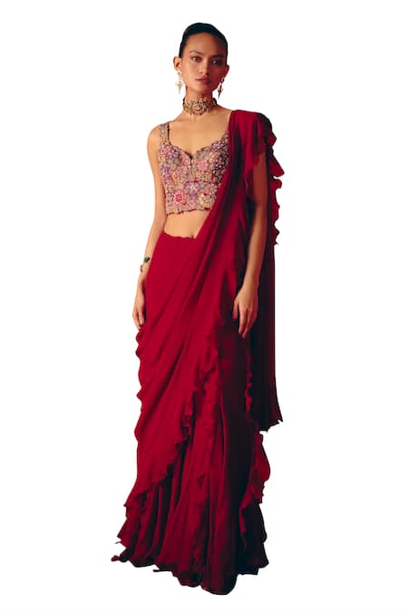 Shop_Mrunalini Rao_Maroon Silk, Chiffon Pearls, Zari, Tarala Pre-draped Ruffle Saree With Blouse _Online_at_Aza_Fashions