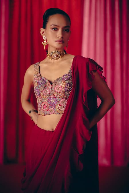 Mrunalini Rao_Maroon Silk, Chiffon Pearls, Zari, Tarala Pre-draped Ruffle Saree With Blouse _at_Aza_Fashions