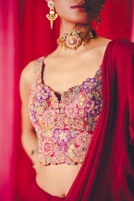 Buy_Mrunalini Rao_Maroon Silk, Chiffon Pearls, Zari, Tarala Pre-draped Ruffle Saree With Blouse 