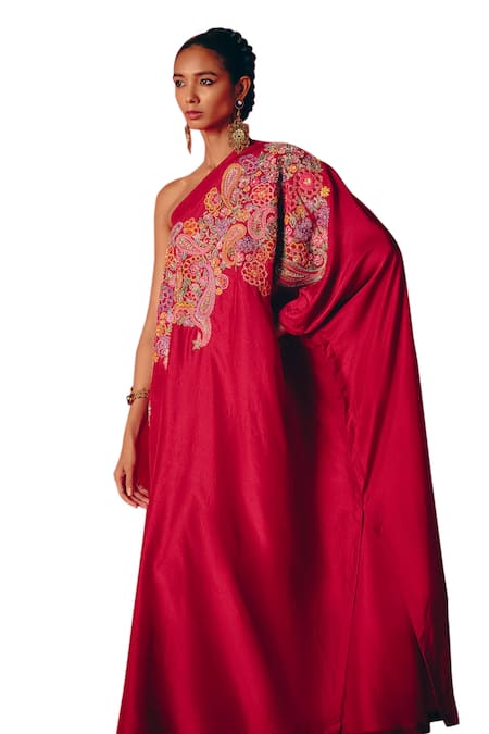 Mrunalini Rao_Maroon Silk Pearls, Zari, Embroidery One Shoulder Mir Kaftan Dress _Online_at_Aza_Fashions