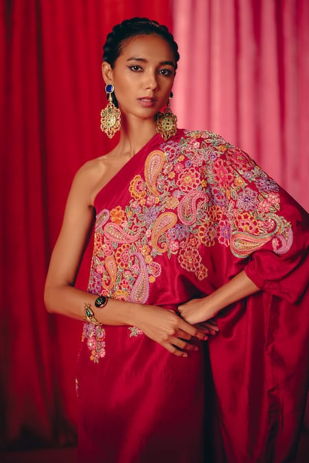 Buy_Mrunalini Rao_Maroon Silk Pearls, Zari, Embroidery One Shoulder Mir Kaftan Dress _Online_at_Aza_Fashions