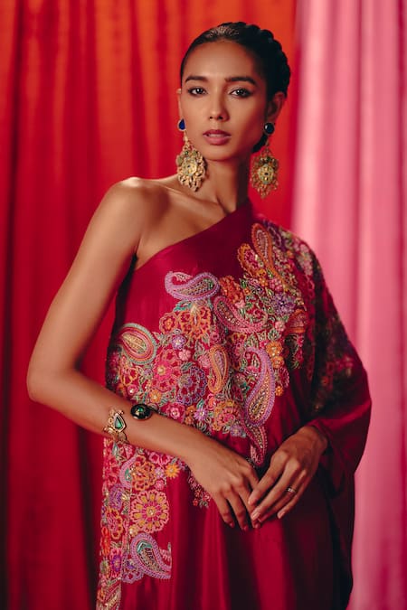 Shop_Mrunalini Rao_Maroon Silk Pearls, Zari, Embroidery One Shoulder Mir Kaftan Dress _Online_at_Aza_Fashions
