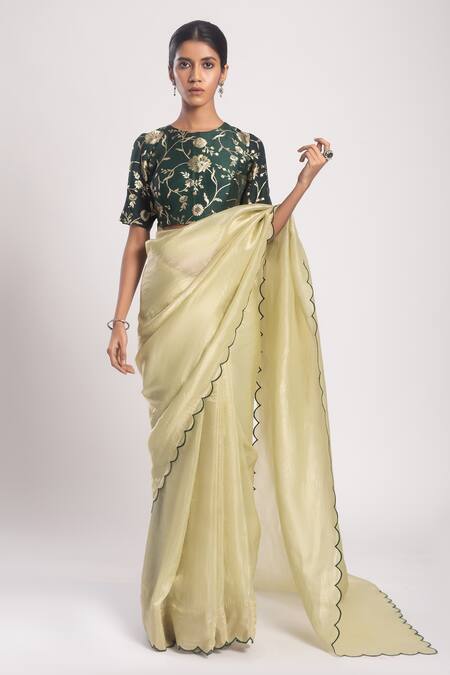 Buy_Tuli_Green Denim Round Neck Slisti Floral Jacquard Work Blouse _Online_at_Aza_Fashions