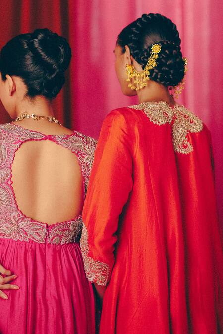 Mrunalini Rao Orange Silk Pearls, Zari, Embroidery Asymmetric Zanya Kurta With Pant Online at Aza Fashions Mrunalini Rao_Orange Silk Pearls, Zari, Embroidery Asymmetric Zanya Kurta With Pant _Online_at_Aza_Fashions