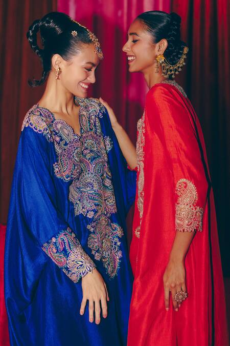 Shop Mrunalini Rao Orange Silk Pearls, Zari, Embroidery Asymmetric Zanya Kurta With Pant Online at Aza Fashions Shop_Mrunalini Rao_Orange Silk Pearls, Zari, Embroidery Asymmetric Zanya Kurta With Pant _Online_at_Aza_Fashions