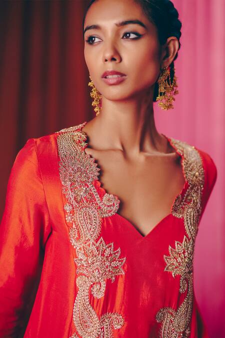 Mrunalini Rao Orange Silk Pearls, Zari, Embroidery Asymmetric Zanya Kurta With Pant at Aza Fashions Mrunalini Rao_Orange Silk Pearls, Zari, Embroidery Asymmetric Zanya Kurta With Pant _at_Aza_Fashions