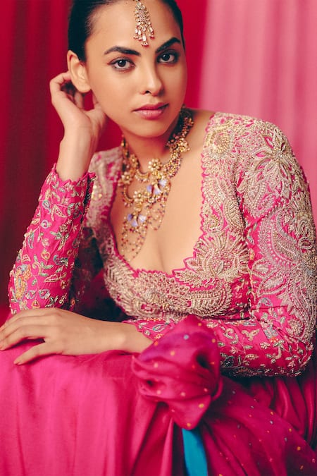 Mrunalini Rao_Fuchsia Silk, Organza Pearls, Sequins, Embroidery Tashi Anarkali With Dupatta _Online_at_Aza_Fashions