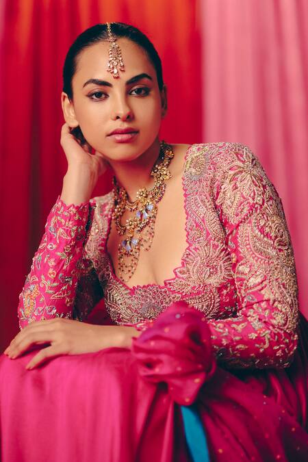 Buy_Mrunalini Rao_Fuchsia Silk, Organza Pearls, Sequins, Embroidery Tashi Anarkali With Dupatta _Online_at_Aza_Fashions