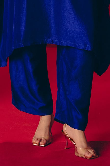 Buy Mrunalini Rao Blue Silk Pearls, Zari V-neck Naila Embroidered Cuff Kurta With Pant Online at Aza Fashions Buy_Mrunalini Rao_Blue Silk Pearls, Zari V-neck Naila Embroidered Cuff Kurta With Pant _Online_at_Aza_Fashions