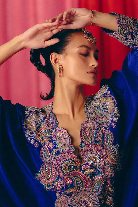 Shop Mrunalini Rao Blue Silk Pearls, Zari V-neck Naila Embroidered Cuff Kurta With Pant Online at Aza Fashions Shop_Mrunalini Rao_Blue Silk Pearls, Zari V-neck Naila Embroidered Cuff Kurta With Pant _Online_at_Aza_Fashions