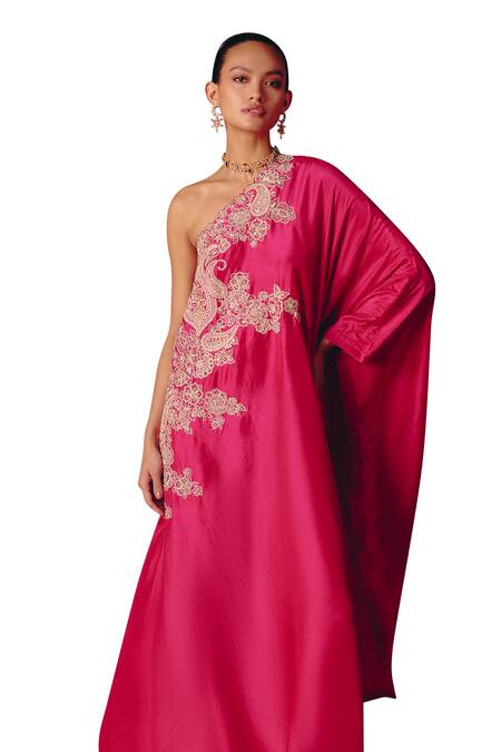 Buy Mrunalini Rao Pink Silk Embroidery One Shoulder Tamira Kaftan Dress Online at Aza Fashions Buy_Mrunalini Rao_Pink Silk Embroidery One Shoulder Tamira Kaftan Dress _Online_at_Aza_Fashions