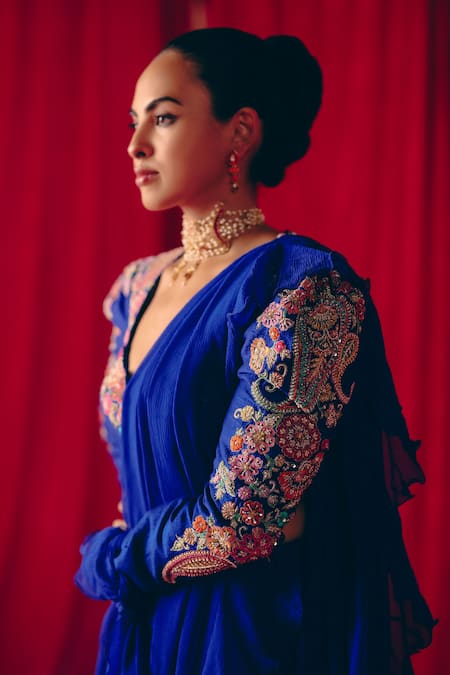 Buy_Mrunalini Rao_Blue Silk, Cotton, Chiffon Pearls, Krtvi Pre-draped Ruffle Saree With Blouse 