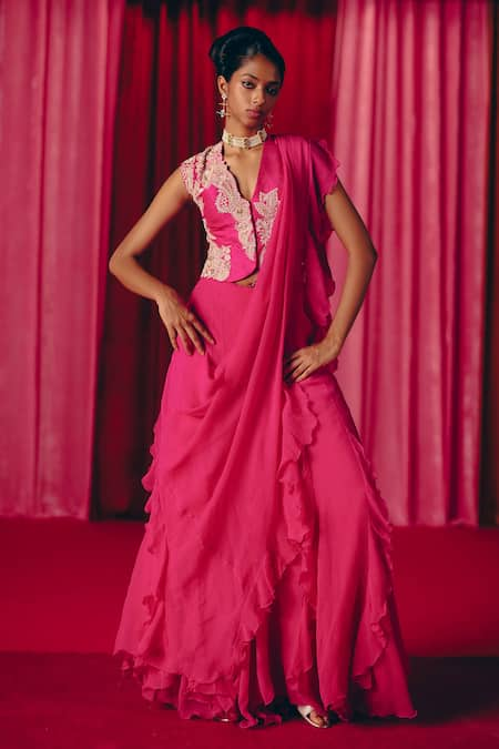 Mrunalini Rao Fuchsia Blouse Raw Silk Hand Embroidered Resham Sari Pre-draped Saree With 