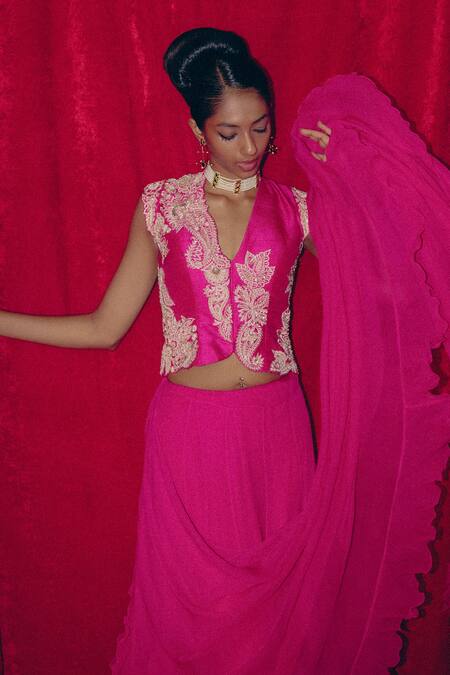Shop_Mrunalini Rao_Fuchsia Chiffon, Silk, Cotton Pearls, Zari, Sari Pre-draped Saree With Blouse _Online_at_Aza_Fashions