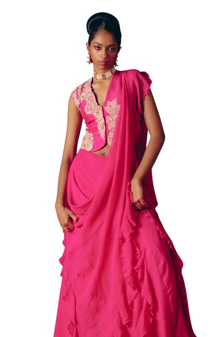 Mrunalini Rao_Fuchsia Chiffon, Silk, Cotton Pearls, Zari, Sari Pre-draped Saree With Blouse _at_Aza_Fashions