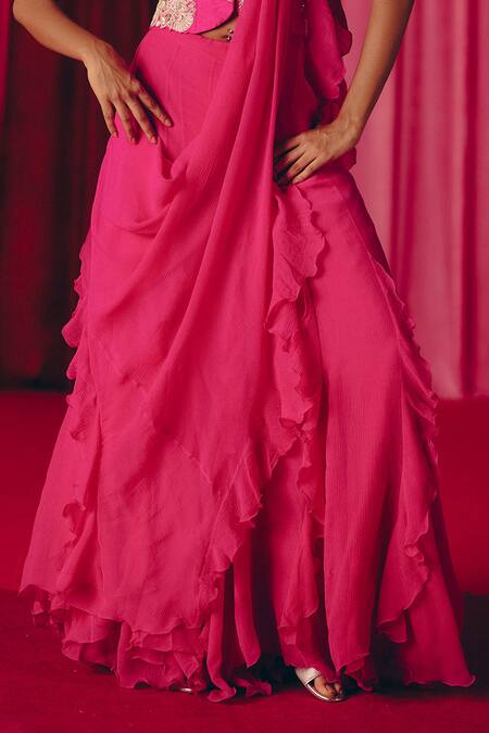Buy_Mrunalini Rao_Fuchsia Chiffon, Silk, Cotton Pearls, Zari, Sari Pre-draped Saree With Blouse 