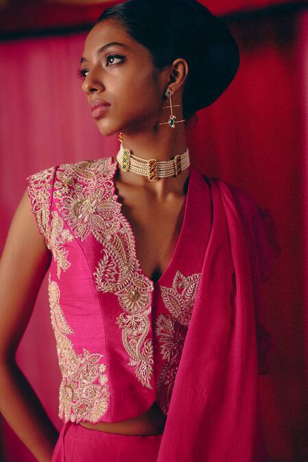 Shop_Mrunalini Rao_Fuchsia Chiffon, Silk, Cotton Pearls, Zari, Sari Pre-draped Saree With Blouse 