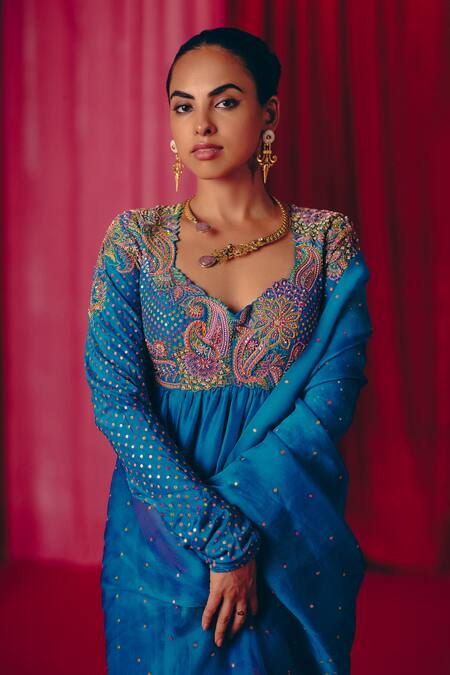 Mrunalini Rao_Blue Silk, Organza Pearls, Zari, Embroidery Anya Anarkali With Dupatta _Online_at_Aza_Fashions