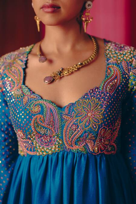 Buy_Mrunalini Rao_Blue Silk, Organza Pearls, Zari, Embroidery Anya Anarkali With Dupatta _Online_at_Aza_Fashions