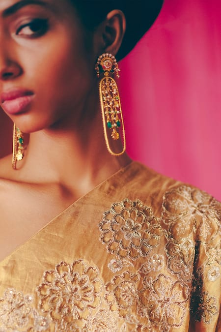 Mrunalini Rao Gold Kota Doria Zari, Pearls Asymmetric Mundira Neckline Embroidered Kaftan Online at Aza Fashions Mrunalini Rao_Gold Kota Doria Zari, Pearls Asymmetric Mundira Neckline Embroidered Kaftan _Online_at_Aza_Fashions