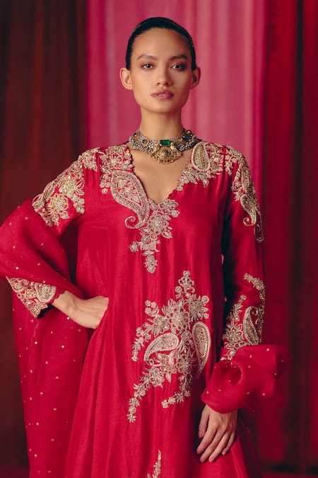 Buy_Mrunalini Rao_Red Silk, Organza Zari, Pearls Keyhole Gulnaaz Embroidered A-line Kurta Pant Set _Online_at_Aza_Fashions