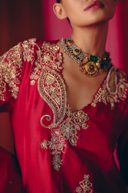 Shop_Mrunalini Rao_Red Silk, Organza Zari, Pearls Keyhole Gulnaaz Embroidered A-line Kurta Pant Set _Online_at_Aza_Fashions