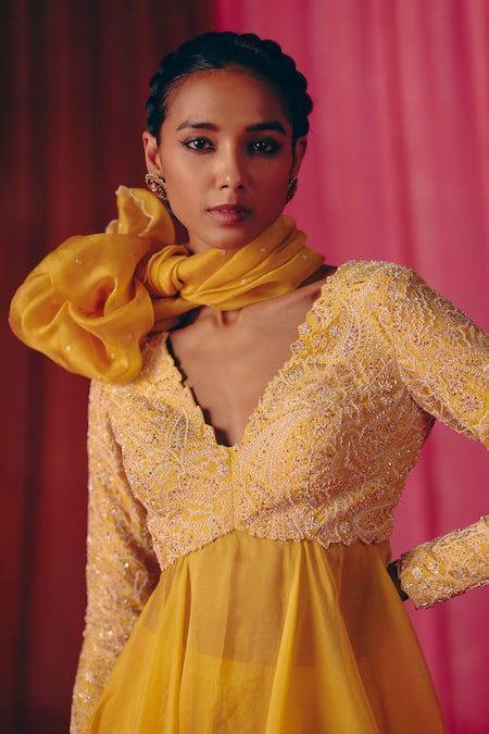 Mrunalini Rao Yellow Silk, Organza Embroidery Anika Resham Anarkali Pant Set Online at Aza Fashions Mrunalini Rao_Yellow Silk, Organza Embroidery Anika Resham Anarkali Pant Set _Online_at_Aza_Fashions