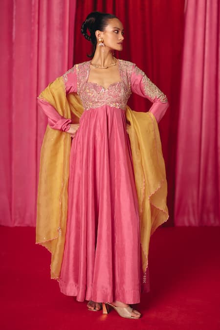 Mrunalini Rao Pink Anarkali Raw And Pure Embroidery Floral Yoke With Dupatta 