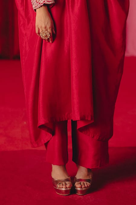 Buy Mrunalini Rao Red Silk Zari, Pearls V-neck Fariah Cuff Embroidered Kurta And Pant Set Online at Aza Fashions Buy_Mrunalini Rao_Red Silk Zari, Pearls V-neck Fariah Cuff Embroidered Kurta And Pant Set _Online_at_Aza_Fashions