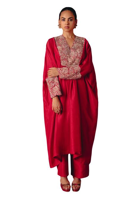 Shop Mrunalini Rao Red Silk Zari, Pearls V-neck Fariah Cuff Embroidered Kurta And Pant Set Online at Aza Fashions Shop_Mrunalini Rao_Red Silk Zari, Pearls V-neck Fariah Cuff Embroidered Kurta And Pant Set _Online_at_Aza_Fashions