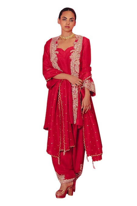 Buy Mrunalini Rao Red Silk Pearls, Zari, Embroidery Adhira Paisley Cutwork Kurta Pant Set Online at Aza Fashions Buy_Mrunalini Rao_Red Silk Pearls, Zari, Embroidery Adhira Paisley Cutwork Kurta Pant Set _Online_at_Aza_Fashions