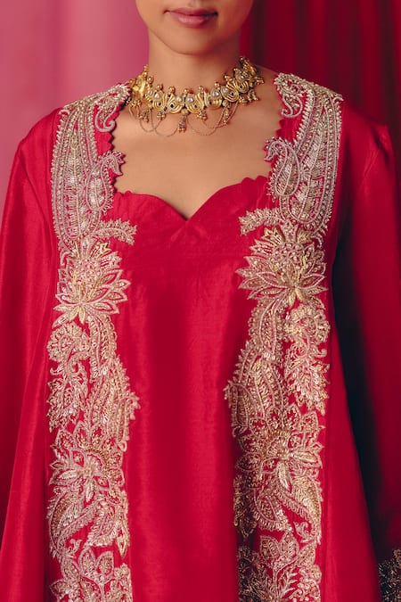 Mrunalini Rao Red Silk Pearls, Zari, Embroidery Adhira Paisley Cutwork Kurta Pant Set at Aza Fashions Mrunalini Rao_Red Silk Pearls, Zari, Embroidery Adhira Paisley Cutwork Kurta Pant Set _at_Aza_Fashions