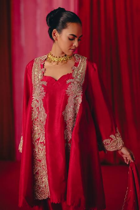 Buy Mrunalini Rao Red Silk Pearls, Zari, Embroidery Adhira Paisley Cutwork Kurta Pant Set Buy_Mrunalini Rao_Red Silk Pearls, Zari, Embroidery Adhira Paisley Cutwork Kurta Pant Set