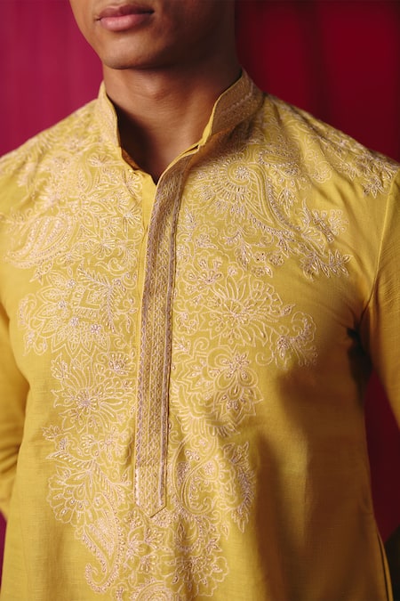 Mrunalini Rao_Yellow Linen, Modal, Cotton Zari, Embroidery Rati Phool Paisley Kurta With Pant _Online_at_Aza_Fashions