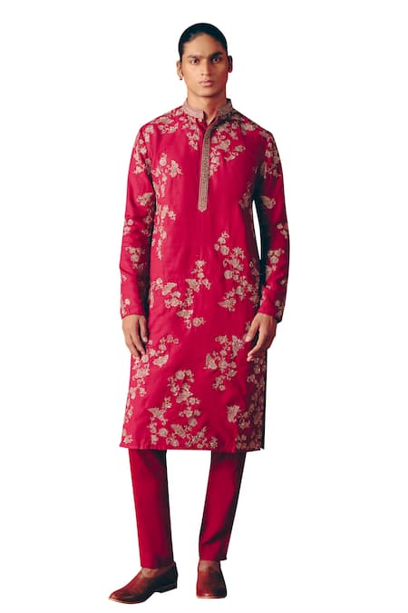 Mrunalini Rao_Maroon Modal, Silk Zari Ajra Bloom Jaal Zardozi Work Kurta With Pant _Online_at_Aza_Fashions