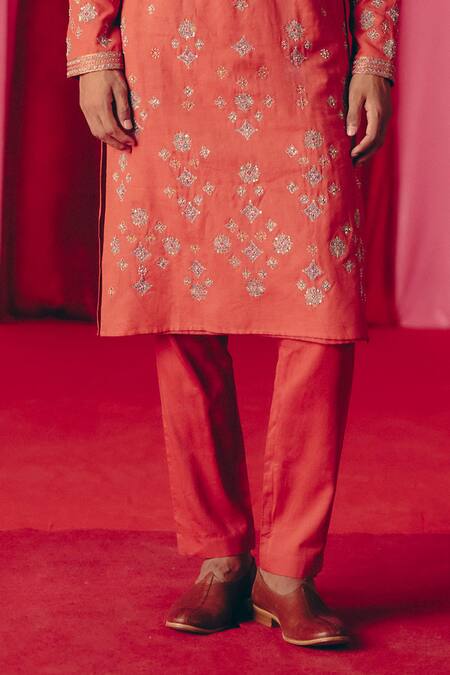 Buy_Mrunalini Rao_Orange Modal, Silk Zari, Embroidery Rayirth Geometric Buta Work Kurta With Pant _Online_at_Aza_Fashions