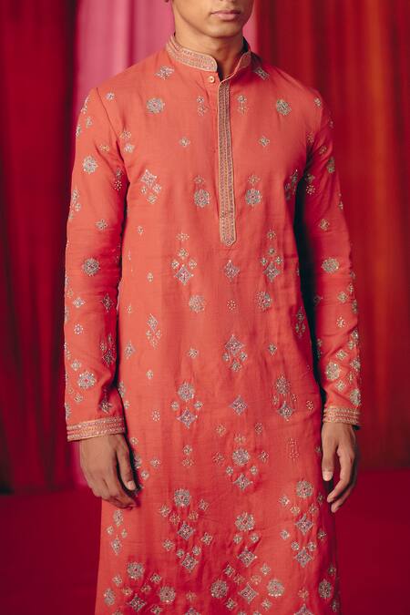 Shop_Mrunalini Rao_Orange Modal, Silk Zari, Embroidery Rayirth Geometric Buta Work Kurta With Pant _Online_at_Aza_Fashions