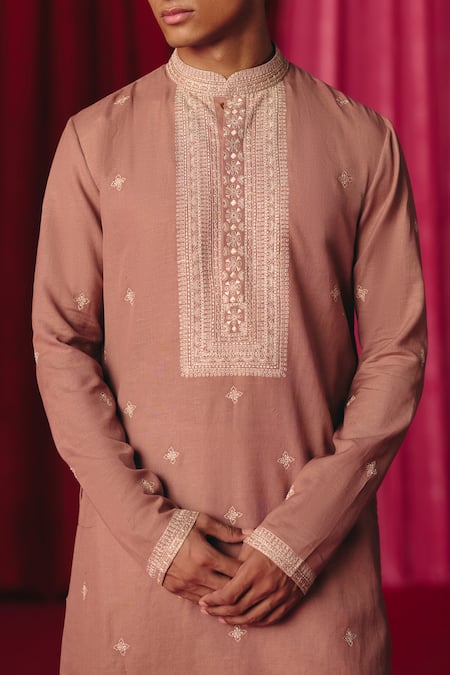 Buy_Mrunalini Rao_Pink Linen, Modal, Cotton Embroidery Ditya Florin Butta Kurta With Pant _Online_at_Aza_Fashions