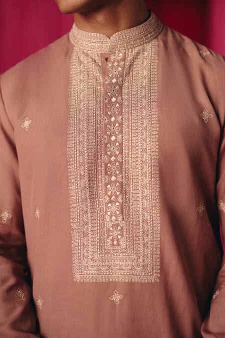 Shop_Mrunalini Rao_Pink Linen, Modal, Cotton Embroidery Ditya Florin Butta Kurta With Pant _Online_at_Aza_Fashions