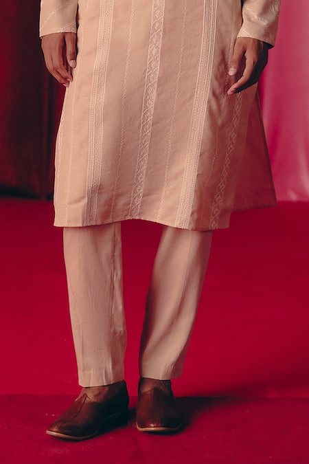 Mrunalini Rao_Beige Linen, Modal, Cotton Pearls, Embroidery Vayu Blossom Vine Kurta With Pant _Online_at_Aza_Fashions