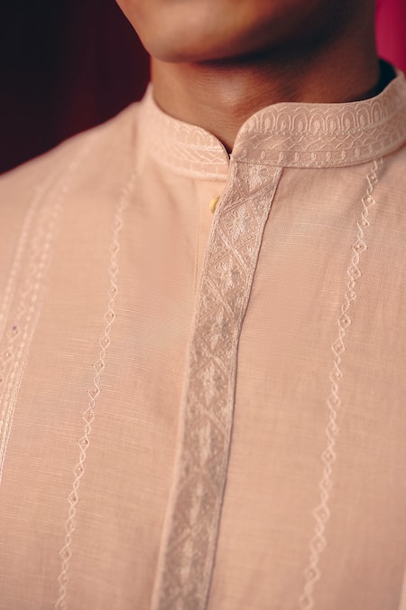 Buy_Mrunalini Rao_Beige Linen, Modal, Cotton Pearls, Embroidery Vayu Blossom Vine Kurta With Pant _Online_at_Aza_Fashions