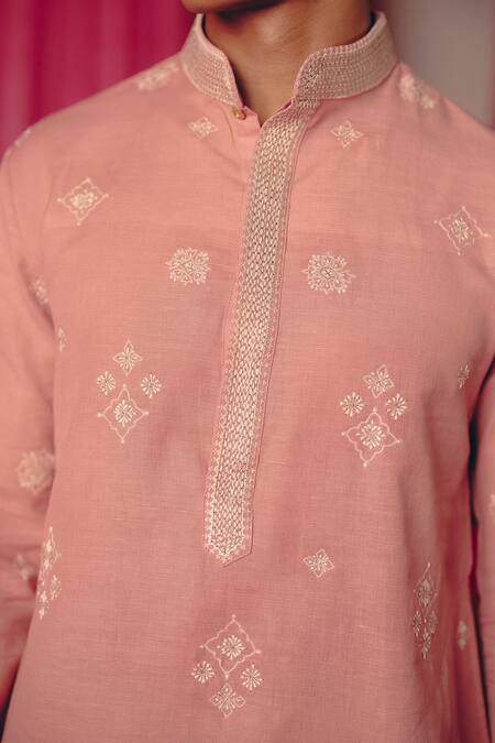 Buy_Mrunalini Rao_Peach Linen, Modal, Cotton Pearls, Embroidery Savya Gul Buta Kurta With Pant _Online_at_Aza_Fashions