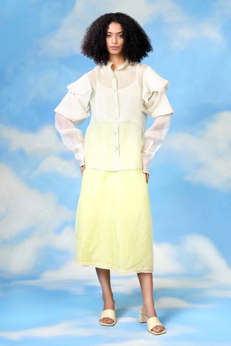 Shilpi Gupta_Ivory Silk Organza Print Stripe Collared Neck Sheer Shirt _at_Aza_Fashions