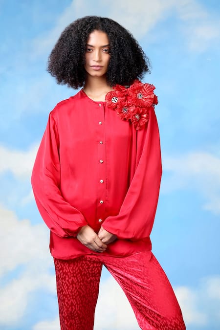 Shilpi Gupta Red Bamberg Satin Embroidery Flower Applique Round Floral Shirt 