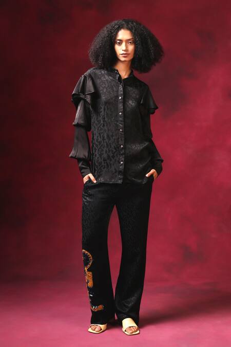 Shilpi Gupta_Black Satin Jacquard Woven Geometric Mandarin Collar Shirt _Online_at_Aza_Fashions