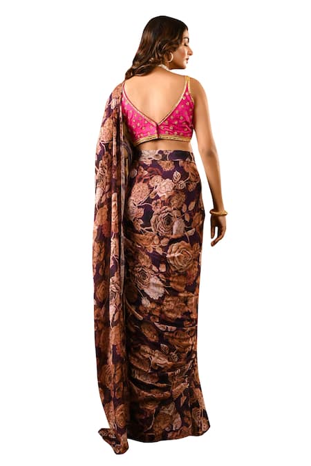 Sanam_Pink Crepe, Silk, Chiffon Beads, Floral Embroidered Pre-draped Saree Set _at_Aza_Fashions
