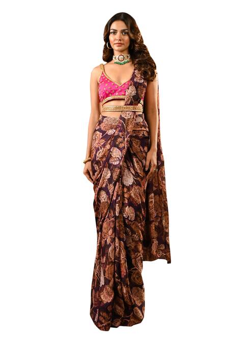 Buy_Sanam_Pink Crepe, Silk, Chiffon Beads, Floral Embroidered Pre-draped Saree Set 