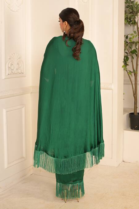 Shop_Vridhi Somaani_Green Satin, Georgette Mirrors, Fringe Jade Draped Skirt And Tasseled Jacket Set _at_Aza_Fashions