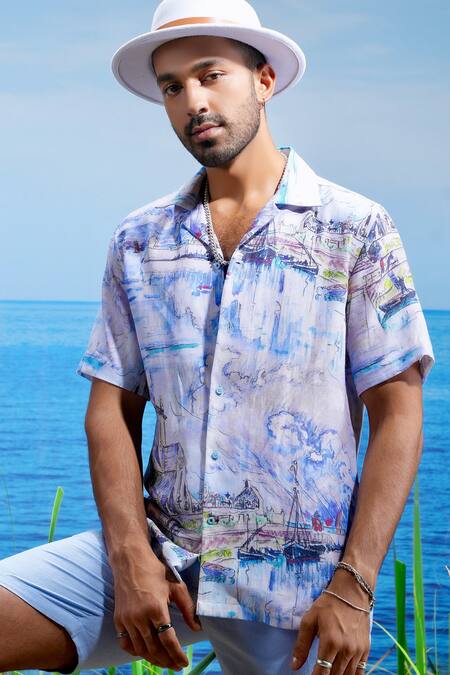 Buy Asuka Blue Linen Ibiza Breeze Print Shirt Online at Aza Fashions Buy_Asuka_Blue Linen Ibiza Breeze Print Shirt _Online_at_Aza_Fashions